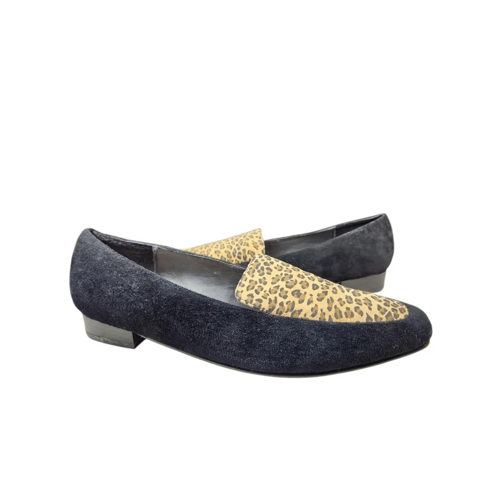 Vintage 90s Suede Leopard Loafers Smoking Flats Black Retro Boho Maximalist 7.5